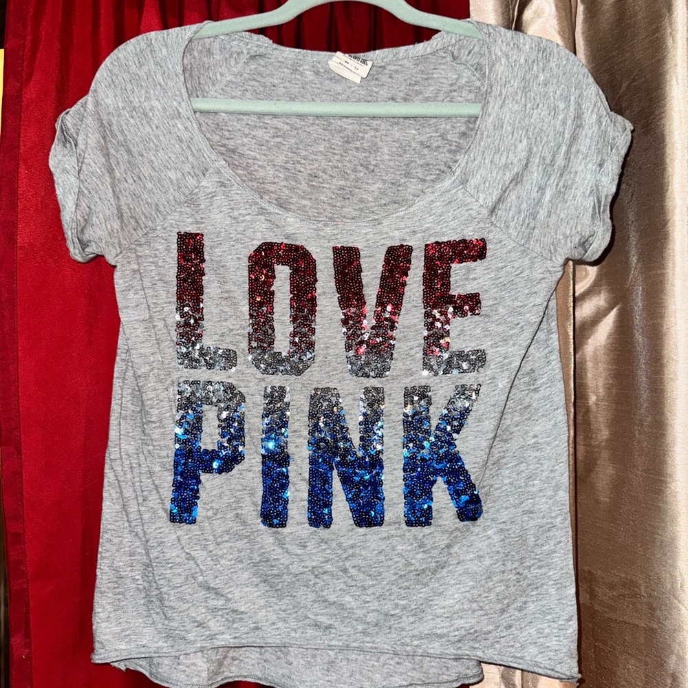Gray Sequin Love Pink T-Shirt